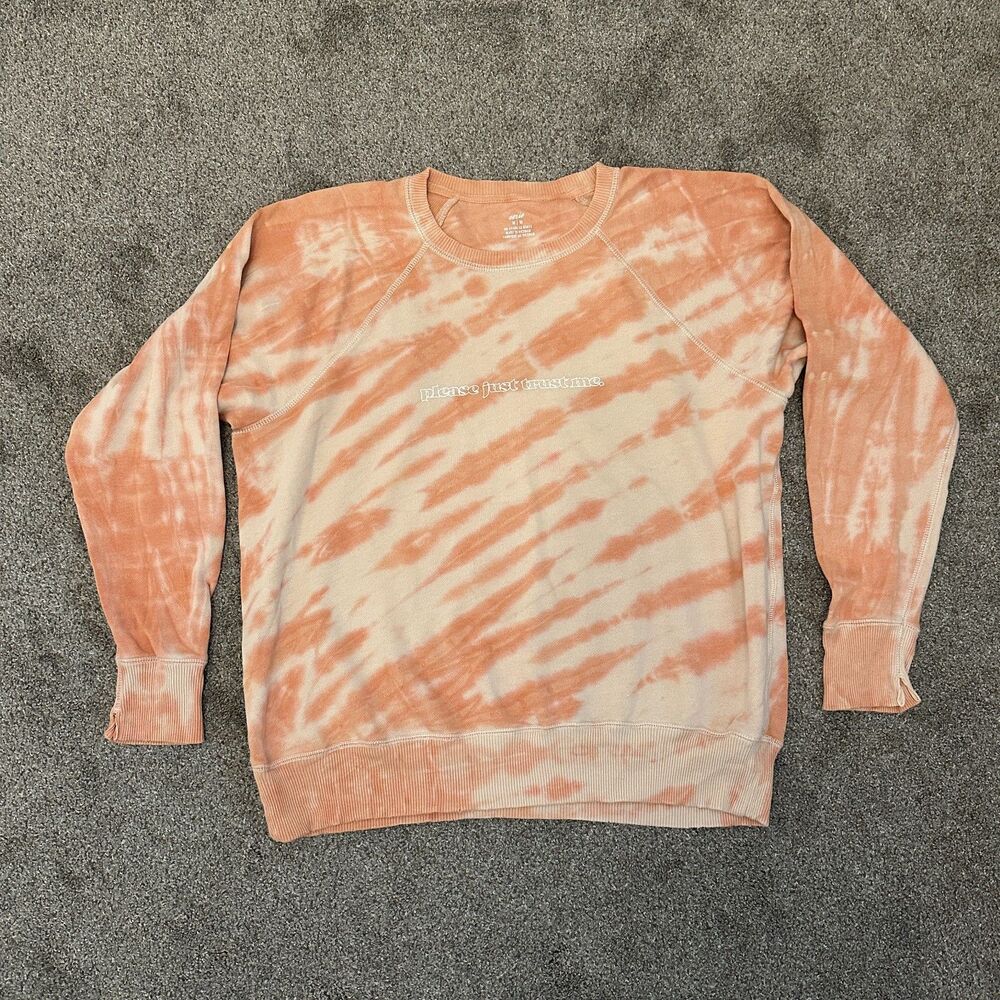 Aerie Tie Dye Graphic Sweatshirt Medium Please Just Trust Me Crewneck Peach - Picture 2 of 16